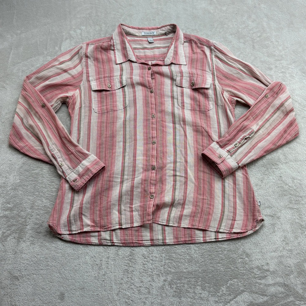 Toad&Co Button Up Shirt Women L Red Striped Organic Cotton Granola Girl Gorpcore